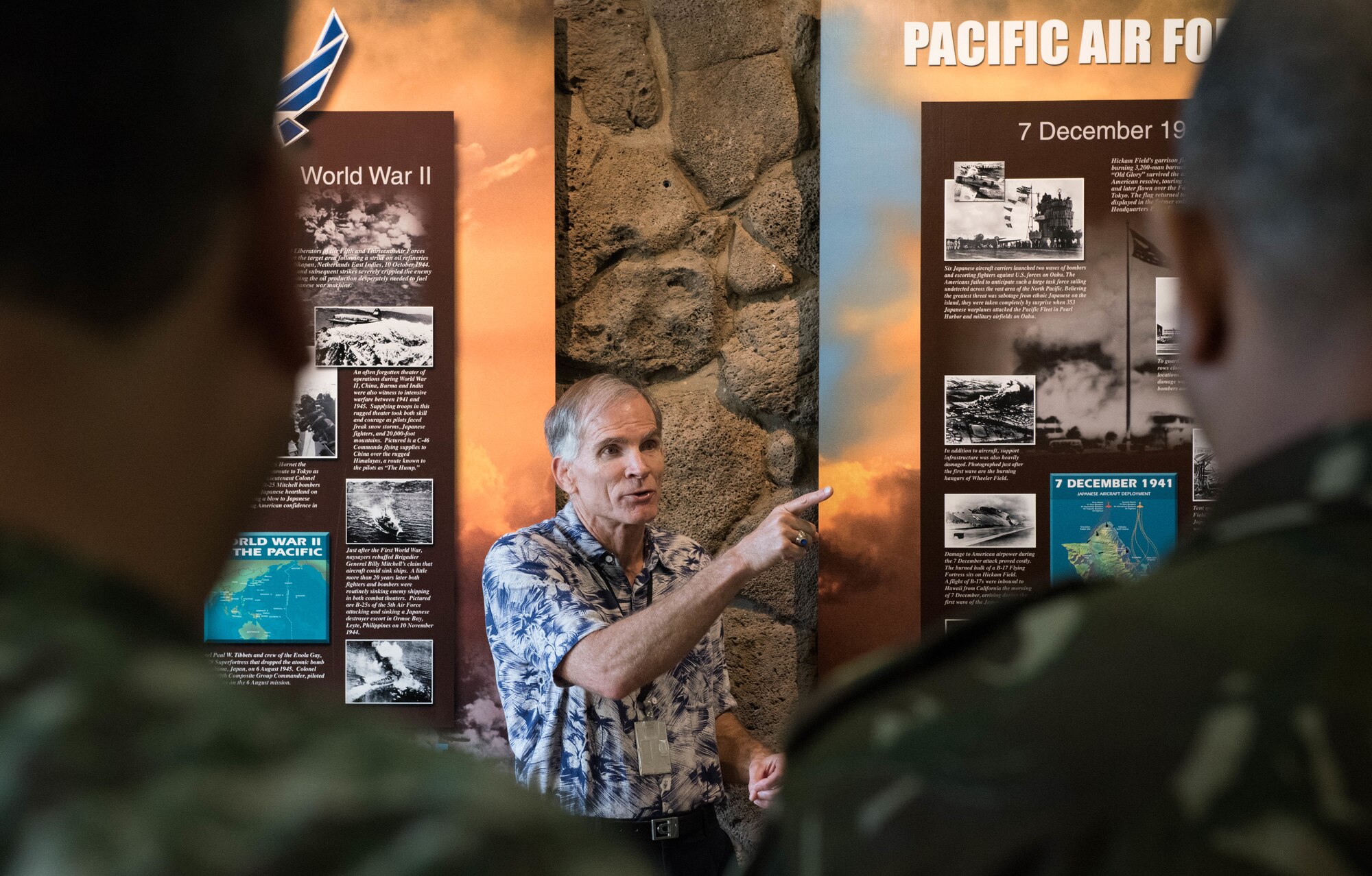 Charles Nicholls, Pacific Air Forces (PACAF) historian, gives an account of the Pearl Harbor attack for a group of more than 30 foreign attachés during a tour to Headquarters PACAF, Joint Base Pearl Harbor-Hickam, Hawaii, Oct. 23, 2018.