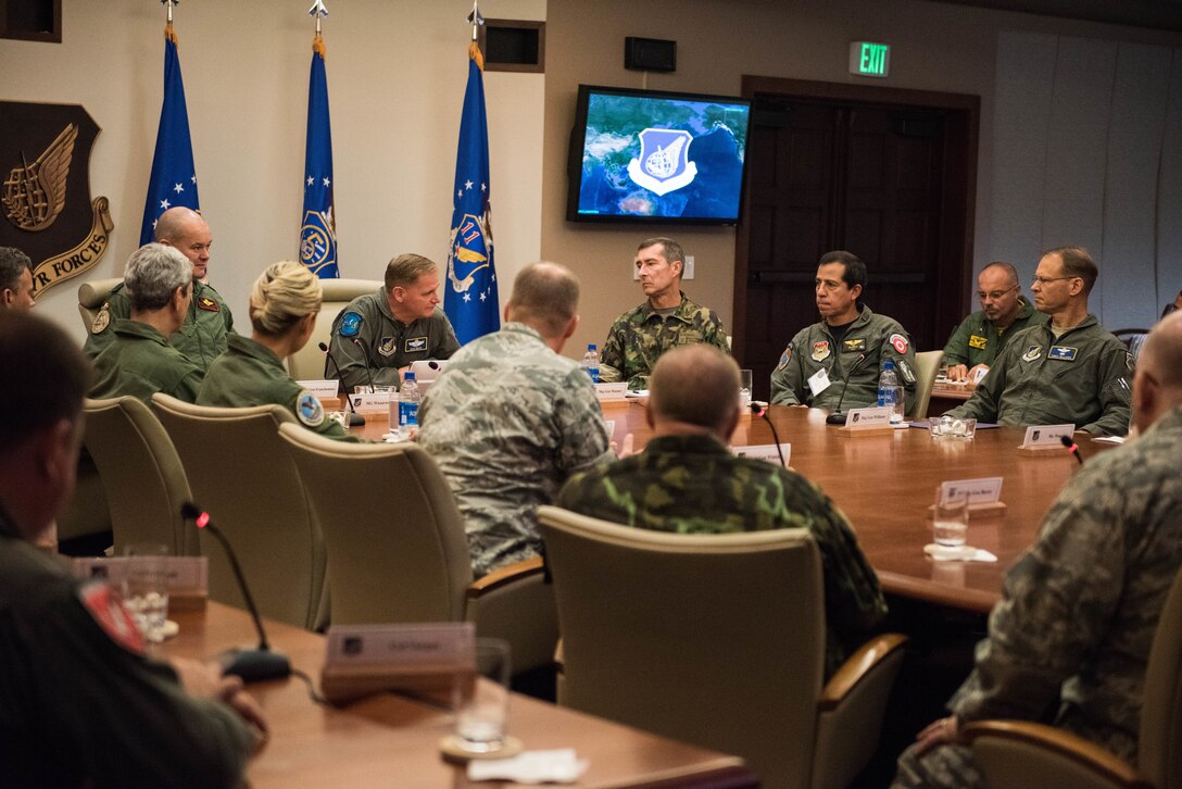 Maj. Gen. Russell L. Mack, Pacific Air Forces (PACAF) deputy commander, talks to foreign attachés during their visit to Headquarters PACAF at Joint Base Pearl Harbor-Hickam, Hawaii, Oct. 23, 2018.