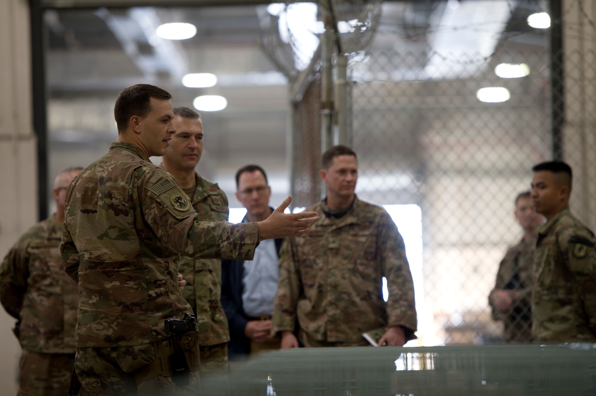 Airmen from the 455th Expeditionary Logistics Readiness Squadron give Lt. Gen. Joseph Guastella, commander of U.S. Air Forces Central Command, a tour of their facilities at Bagram Airfield, Afghanistan, Oct. 29, 2018.