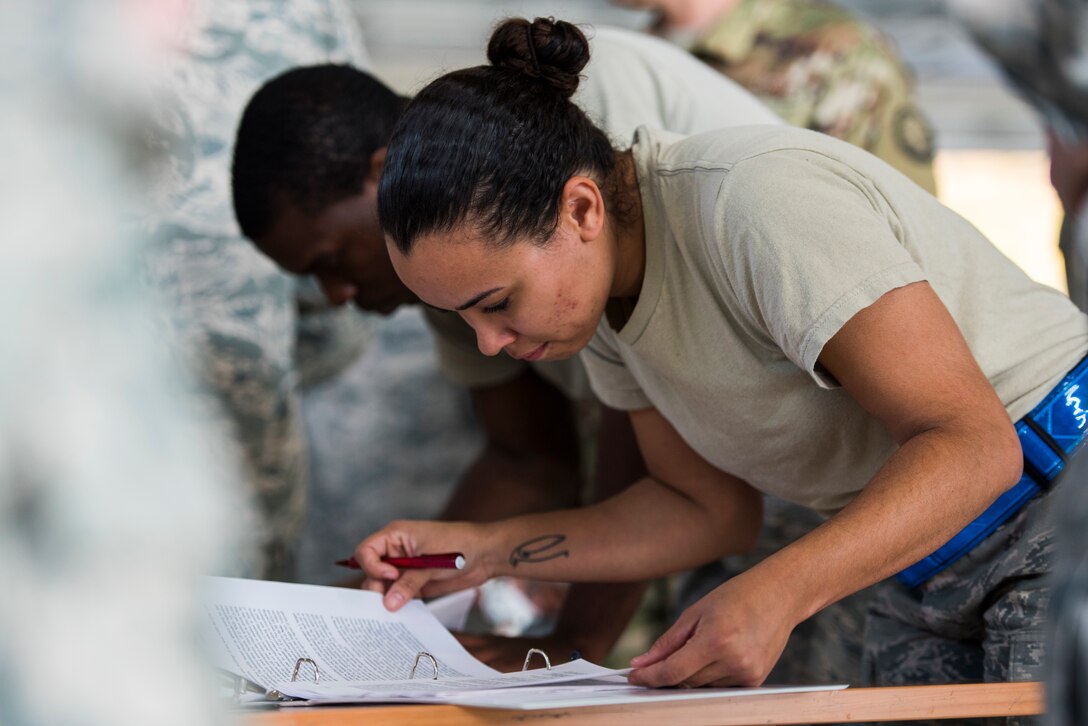 U.S. Air Force 721st Air Mobility Operations Group airmen review maintenance records as part of the maintenance relay during the 721st AMOG safety down day on Ramstein Air Base, Germany, Oct. 19, 2018. In addition to the relay, physical fitness, resilience and other wingman concepts were all included in the safety down day. (U.S. Air Force photo by Senior Airman Devin M. Rumbaugh)