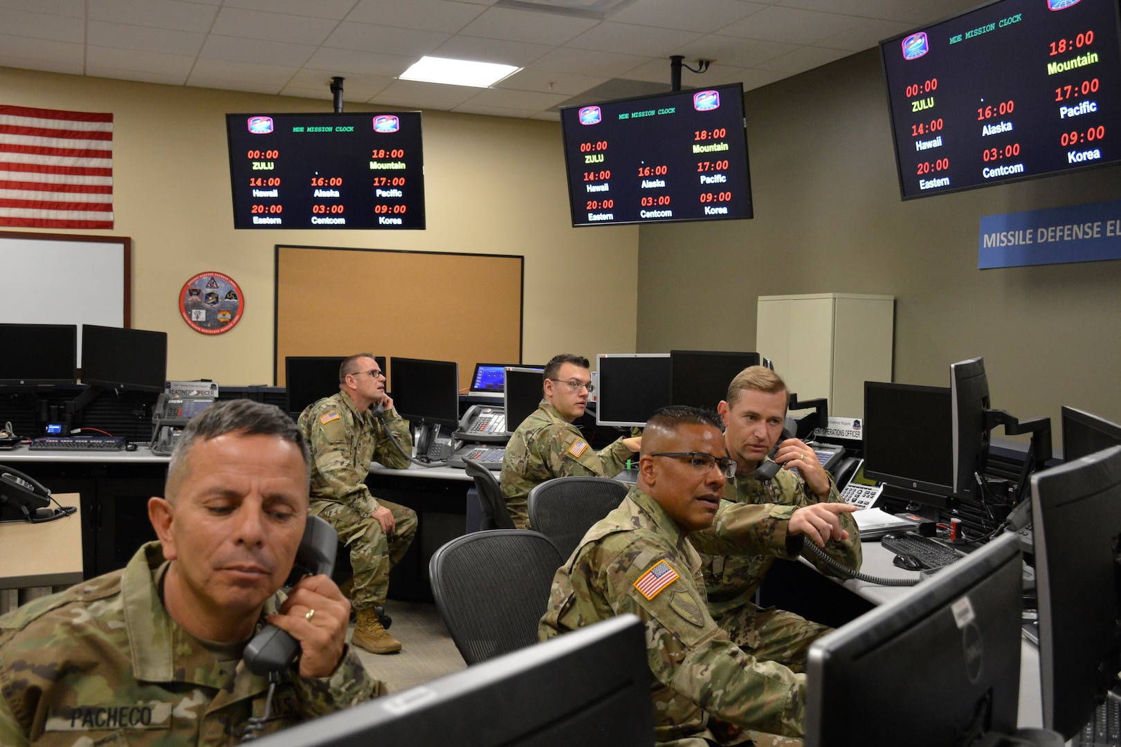 100th Missile Defense Brigade Soldiers operate in the Misssile Defense Element at Schriever Air Force Base, Colorado.