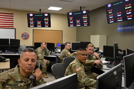 100th Missile Defense Brigade Soldiers operate in the Misssile Defense Element at Schriever Air Force Base, Colorado.