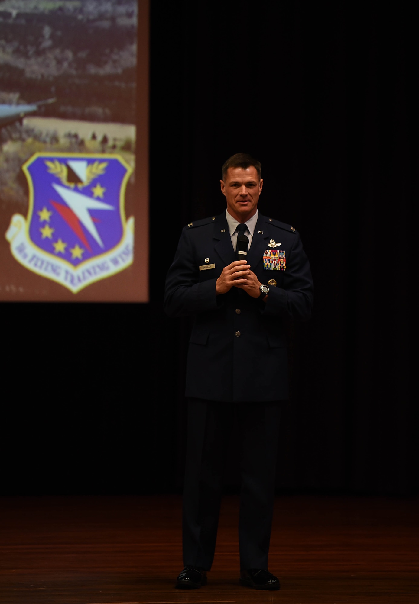 Col. Michael Drowley, 355th Fighter Wing commander at Davis-Monthan Air Force Base, Arizona, speaks during Specialized Undergraduate Pilot Training Class 19-01’s graduation, Oct. 26, 2018, on Columbus Air Force Base, Mississippi. Drowley has spoken in his own TED Talk, speaking about leadership and lessons he has learned in his military career.  (U.S. Air Force photo by Airman 1st Class Keith Holcomb)
