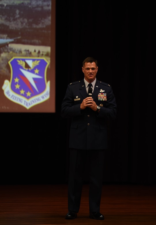 Col. Michael Drowley, 355th Fighter Wing commander at Davis-Monthan Air Force Base, Arizona, speaks during Specialized Undergraduate Pilot Training Class 19-01’s graduation, Oct. 26, 2018, on Columbus Air Force Base, Mississippi. Drowley has spoken in his own TED Talk, speaking about leadership and lessons he has learned in his military career.  (U.S. Air Force photo by Airman 1st Class Keith Holcomb)