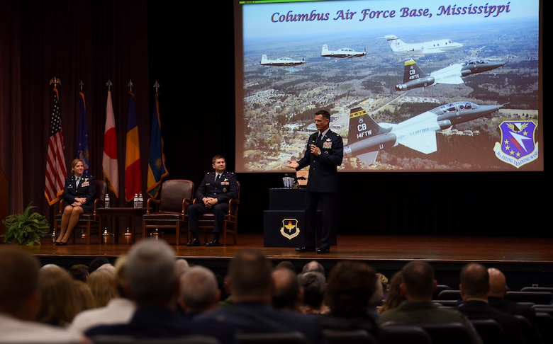Col. Michael Drowley, 355th Fighter Wing commander at Davis-Monthan Air Force Base, Arizona, speaks during Specialized Undergraduate Pilot Training Class 19-01’s graduation, Oct. 26, 2018, on Columbus Air Force Base, Mississippi. Drowley recently completed his final combat mission in the A-10 Thunderbolt II and spoke to SUPT Class 19-01 about how the mission impacted him. (U.S. Air Force photo by Airman 1st Class Keith Holcomb)