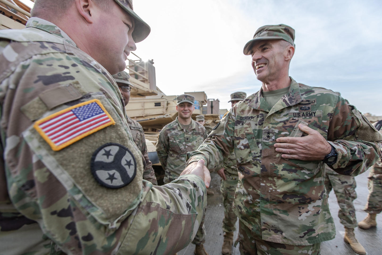 U.S. Army Maj. Gen. John Gronski, U.S. Army Europe’s deputy commanding general, meets with Soldiers assigned to Battle Group Poland during a visit to Bemowo Piskie Training Area, Poland, Oct. 30, 2018.