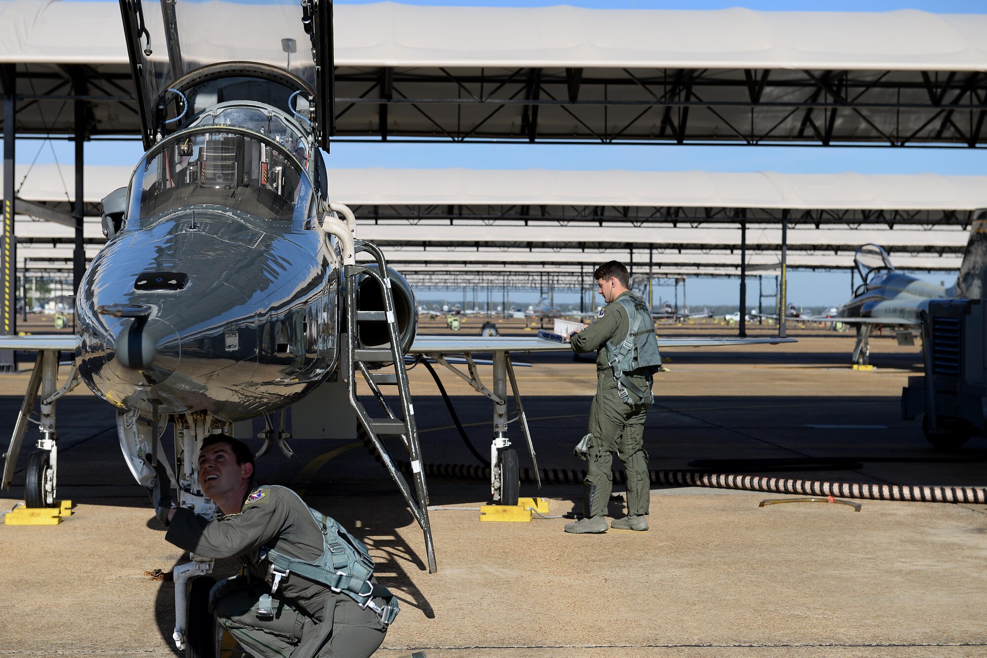 First Lt. Tyler Hansen, 49th Fighter Training Squadron student pilot, and Capt. Cole Stegeman, 49th FTS upgrading instructor pilot, check over a T-38C Talon in preparation for a training sortie Oct. 30, 2018, on Columbus Air Force Base, Mississippi. Pilots dedicate a great deal of time and effort ensuring their aircraft is fully prepared for flight. (U.S. Air Force photo by Airman Hannah Bean)