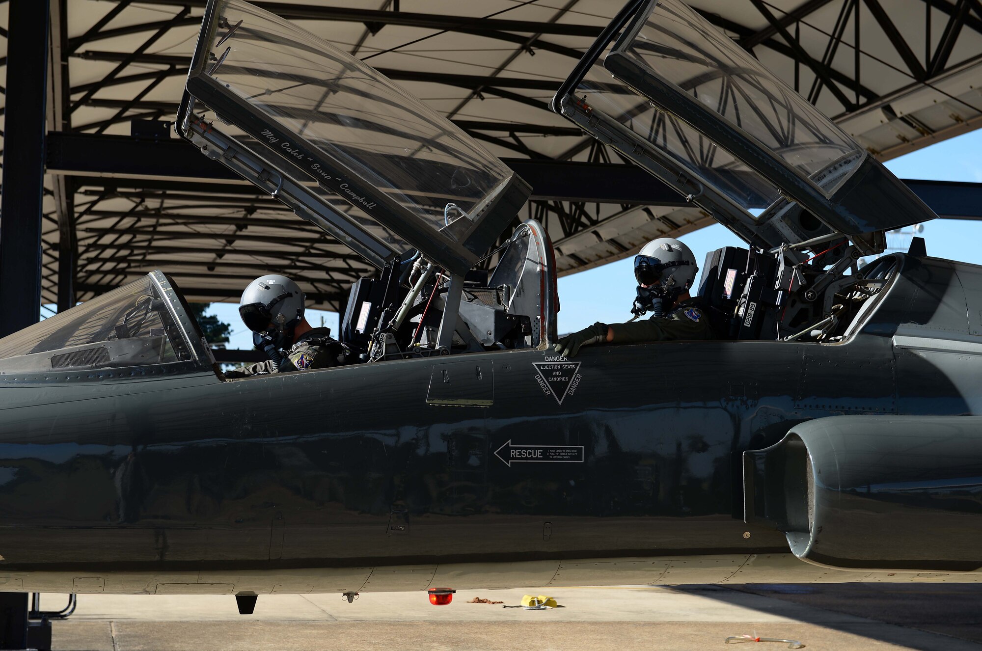 First Lt. Tyler Hansen, 49th Fighter Training Squadron student pilot, and Capt. Cole Stegeman, 49th FTS upgrading instructor pilot, check over a T-38C Talon in preparation for a training sortie Oct. 30, 2018, on Columbus Air Force Base, Mississippi. Pilots dedicate a great deal of time and effort ensuring their aircraft is fully prepared for flight. (U.S. Air Force photo by Airman Hannah Bean)