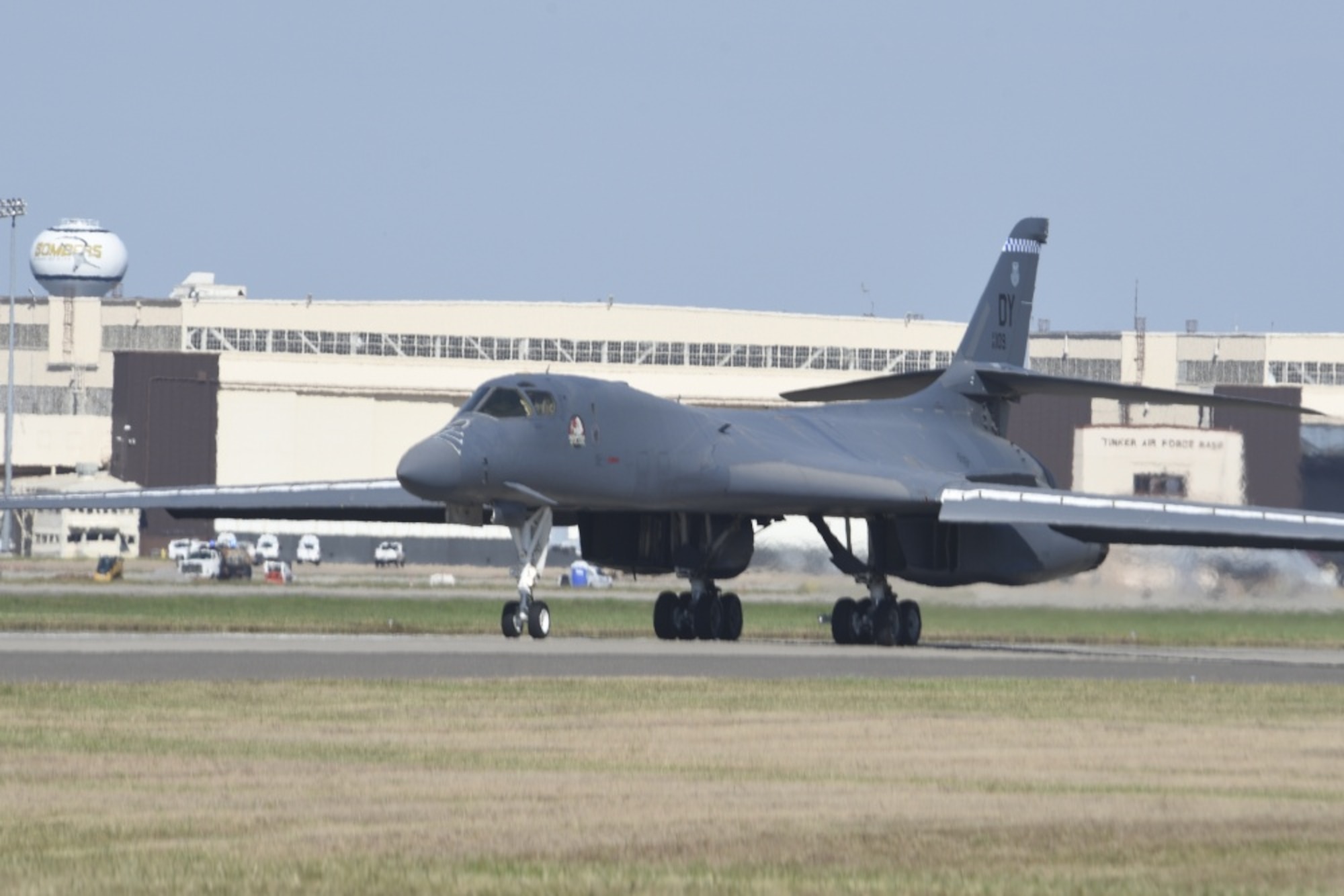 B-1B Lancer, 86-0109, taxis toward the parking ramp at Tinker Air Force Base, Oklahoma, Oct. 26, 2018, after a ferry flight from Midland International Air and Space Port before induction to depot-level maintenance and upgrades with the Oklahoma City Air Logistics Complex. During a routine training flight May 1, the Dyess AFB based B-1B had an in-flight emergency resulting in an attempted ejection. The first crewmembers’ seat failed to deploy and the aircraft commander halted the ejection sequence and heroically saved the aircraft and crew by landing at Midland International Air & Space Port.