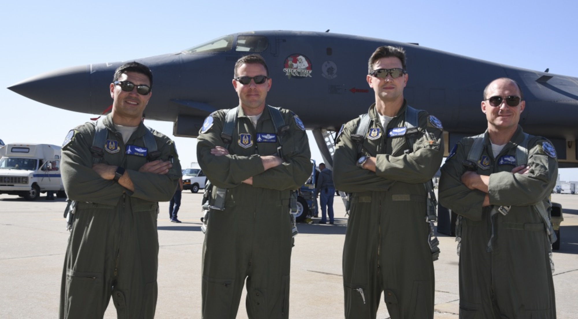 10th Flight Test Squadron flight crew for B-1B Lancer, 86-0109, pose for a group photo after ferrying the aircraft from Midland International Air & Space Port to Tinker Air Force Base, Oklahoma, on Oct. 26, 2018. Shown are: Maj. Ivan Vian; pilot and aircraft commander, Lt. Col. James Couch; Offensive Weapons System Officer, Maj. Michael Griffin; copilot and Lt. Col. Matthew Grimes; Defensive Weapons System Officer. The damaged B-1B will undergo depot-level maintenance and upgrades with the Oklahoma City Air Logistics Complex Oct. 26, 2018. During a routine training flight May 1, the Dyess AFB based B-1B had an in-flight emergency resulting in an attempted ejection. The first crewmembers seat failed to deploy and the aircraft commander halted the ejection sequence and heroically saved the aircraft and crew by landing at Midland International Air & Space Port.