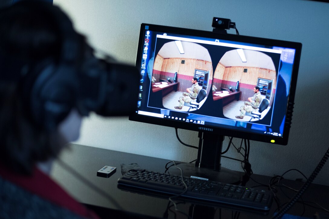 A University of Alabama representative goes through the Virtual Reality Learning Experience program offered at Squadron Officer School Oct. 19, 2018, Maxwell Air Force Base, Alabama. Representatives from the University of Alabama visited SOS to learn more about incorporating virtual/ augmented reality into the SOS curriculum. (U.S. Air Force photo by Senior Airman Alexa Culbert)
