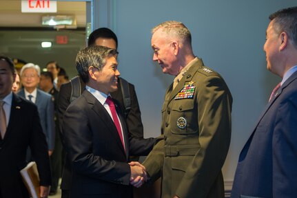 Chairman of the Joint Chiefs of Staff Gen. Joe Dunford meets with the Minister of Defense for the Republic of Korea Jeong Kyeong-doo during the U.S.-hosted 2018 Security Consultative Meeting at the Pentagon, Washington, D.C., Oct. 31, 2018.