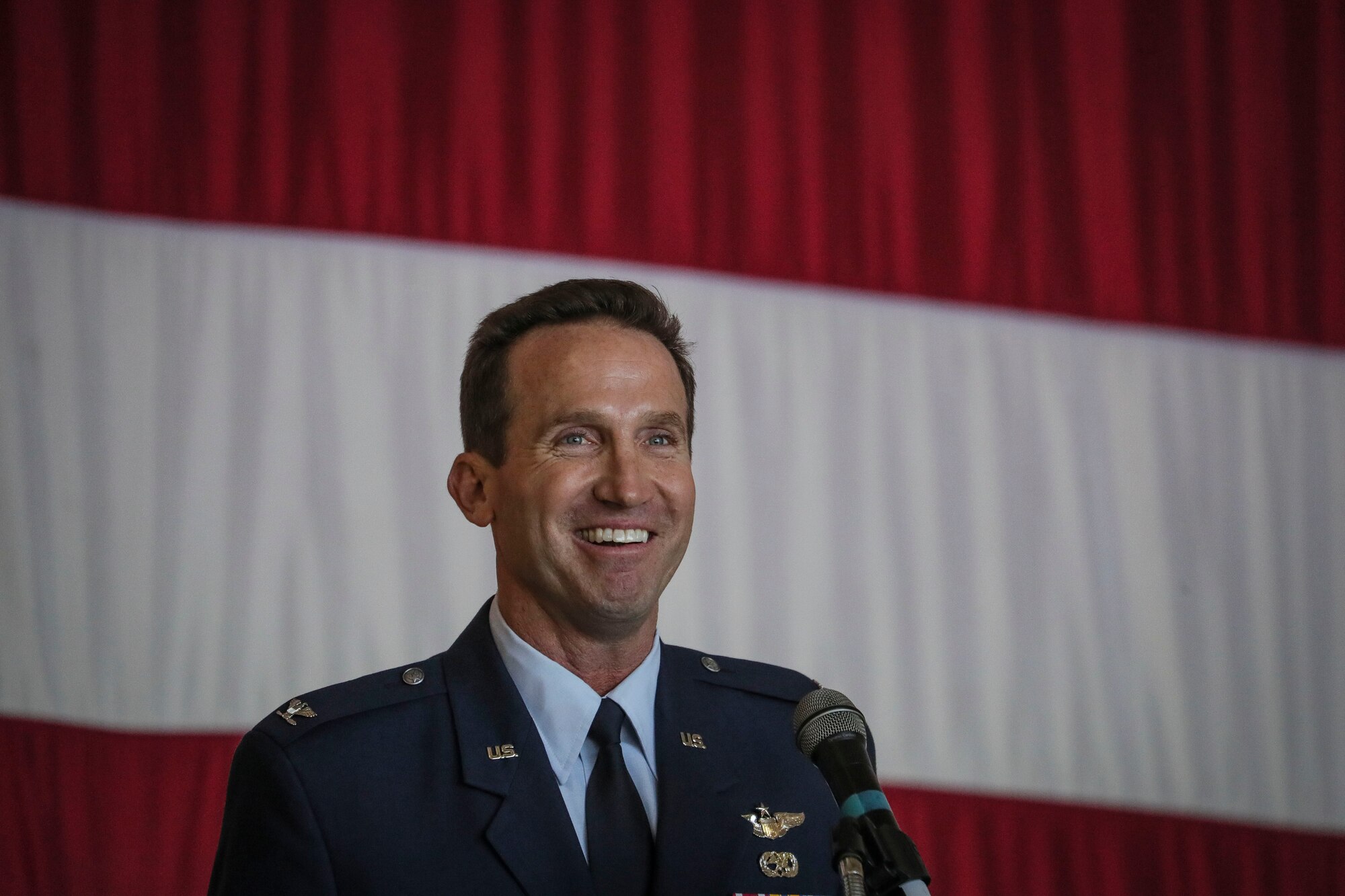 Col. John M. Cosgrove, commander of the New Jersey Air National Guard's 108th Wing, speaks during his change of command ceremony on Joint Base McGuire-Dix-Lakehurst, N.J., Nov. 4, 2018.