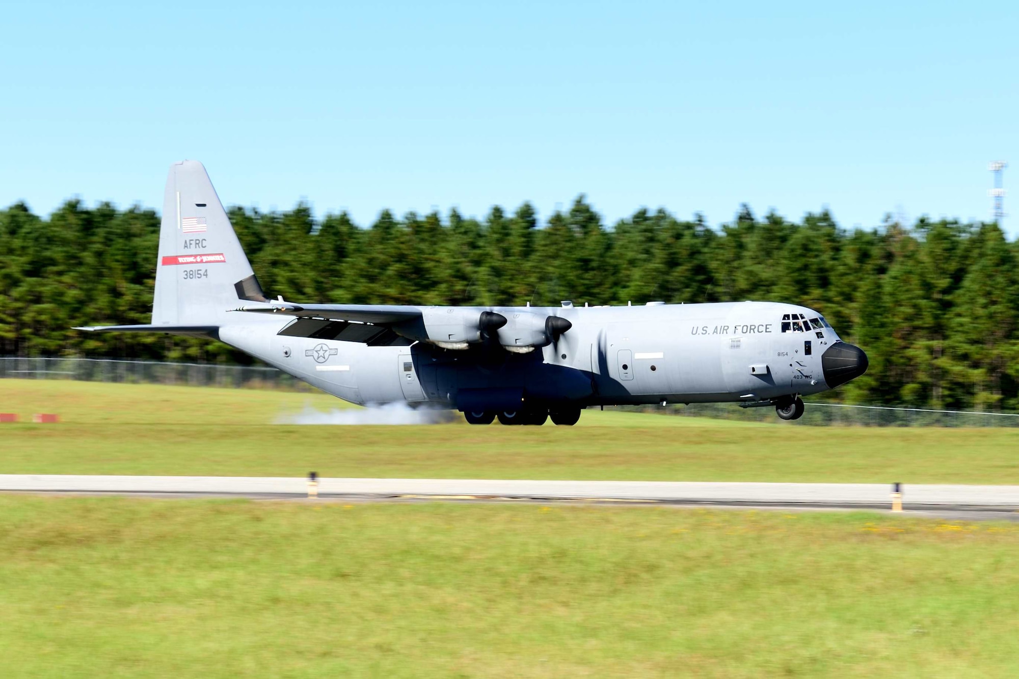 A C-130J Super Hercules aircraft from the 815th Airlift Squadron, which is a part of the 403rd Wing at Keesler Air Force Base, Mississippi, lands at Camp Shelby, Mississippi, to transport an “injured” patient to Keesler Air Force Base, Mississippi, during an exercise Nov. 4, 2018. The 403rd Wing participated in an exercise during the November 2018 Unit Training Assembly to test their ability to survive and operate in a deployed environment. (U.S. Air Force photo by Tech. Sgt. Ryan Labadens)
