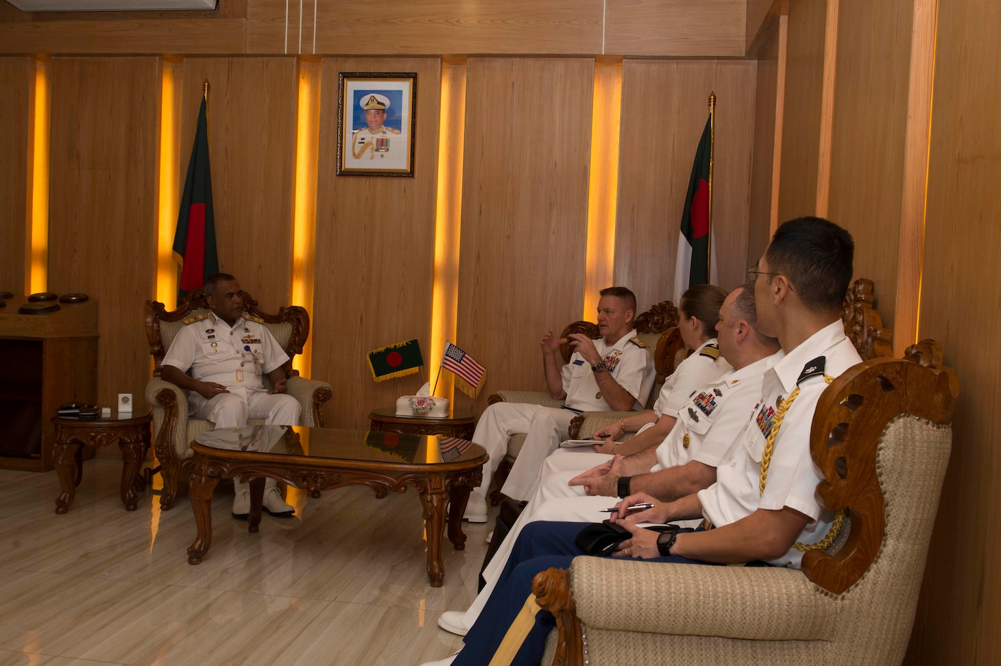 Rear Adm. Joey Tynch, Commander Task Force 73, and Rear Adm. M Abu Ashraf, Commander, Chattogram Naval Area, discuss about the close partnership between the
U.S. and Bangladesh Navy during Cooperation Afloat Readiness and Training (CARAT) 2018. CARAT Bangladesh 2018 marks the 24th iteration of the maritime exercise series
and reflects the strong and mature partnership between the U.S. and Bangladesh Navy.