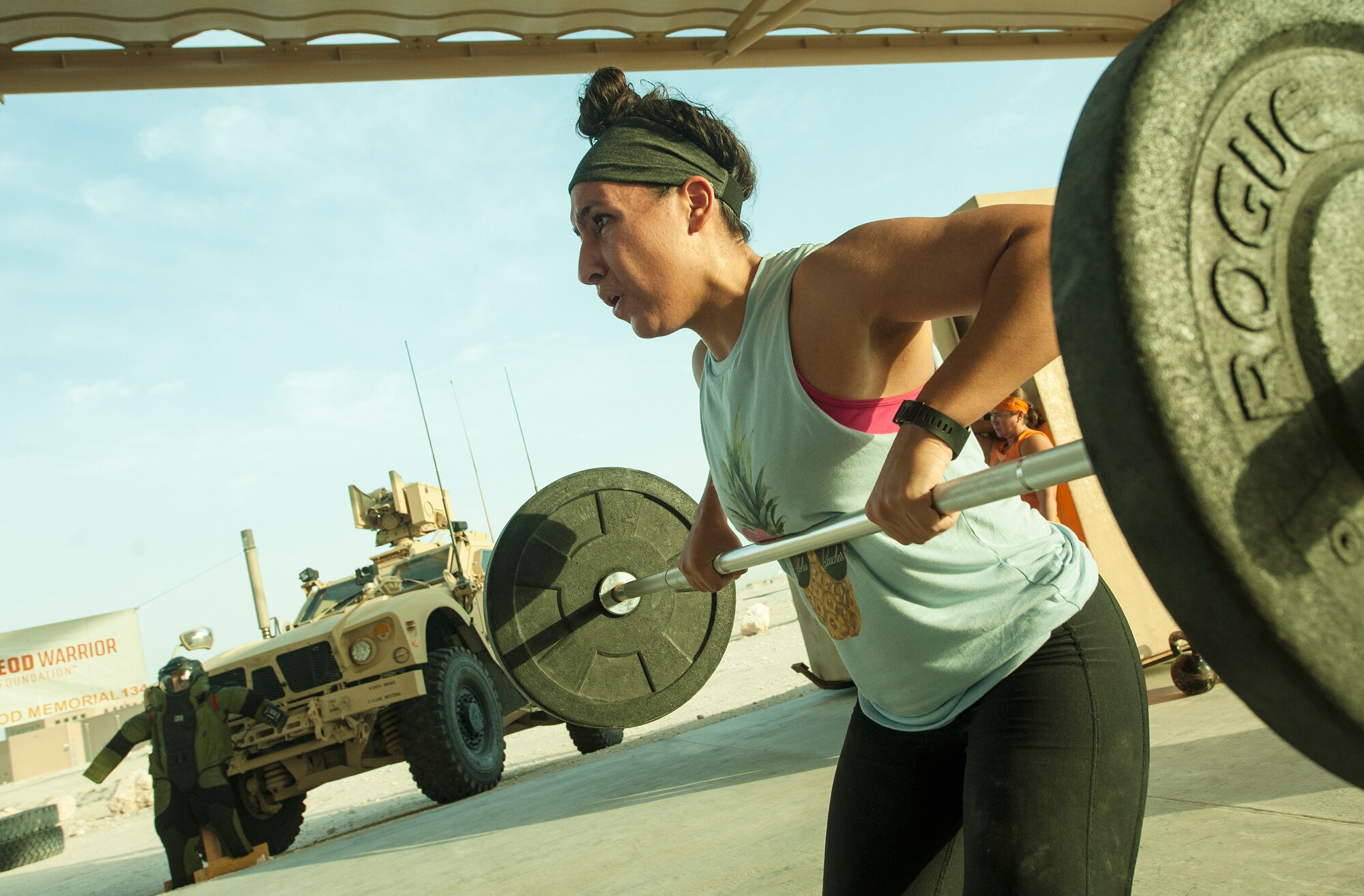 U.S. Air Force Capt. Angelique Draina, 609th Air Operations Center, participates in the 2018 EOD 133 Memorial Workout Nov. 4, 2018, at Al Udeid Air Base, Qatar. The event was held in honor of U.S. Army Sgt. James Slape, 430th Explosive Ordnance Company, who was killed by an improvised explosive device Oct. 4, 2018. (U.S. Air Force photo by Tech. Sgt. Christopher Hubenthal)
