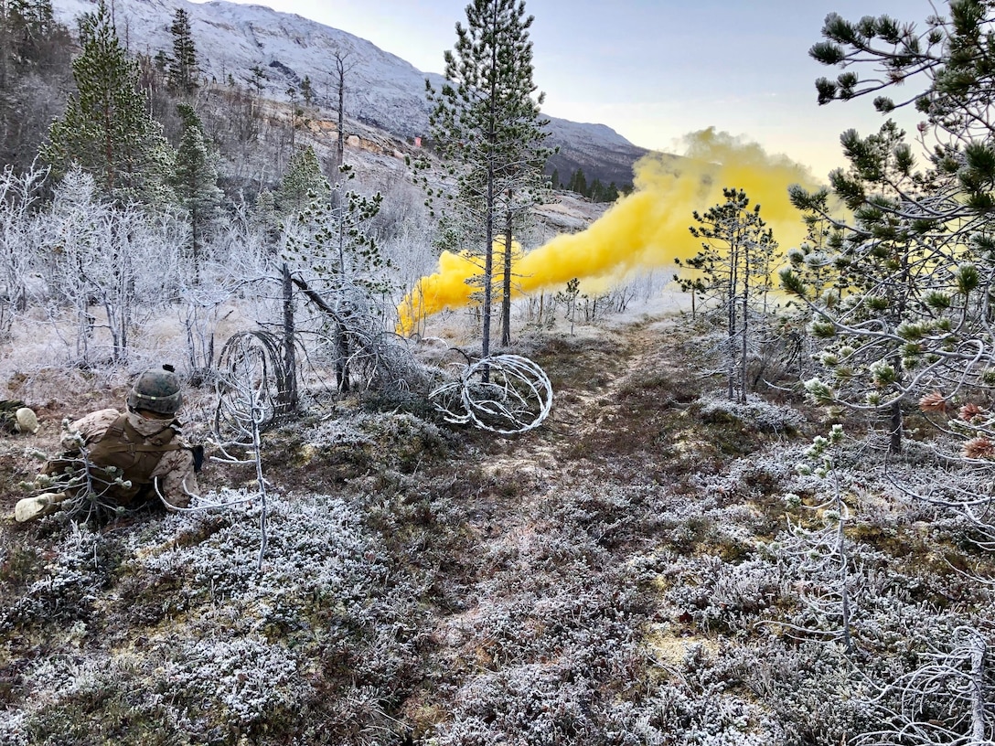 A U.S. Marine with Marine Rotational Force-Europe 19.1, sets a marker during a squad attack as a part of Exercise Northern Screen in Setermoen, Norway, Nov. 28, 2018. The exercise increases the Marines’ proficiency in cold-weather, arctic, and mountainous environments.