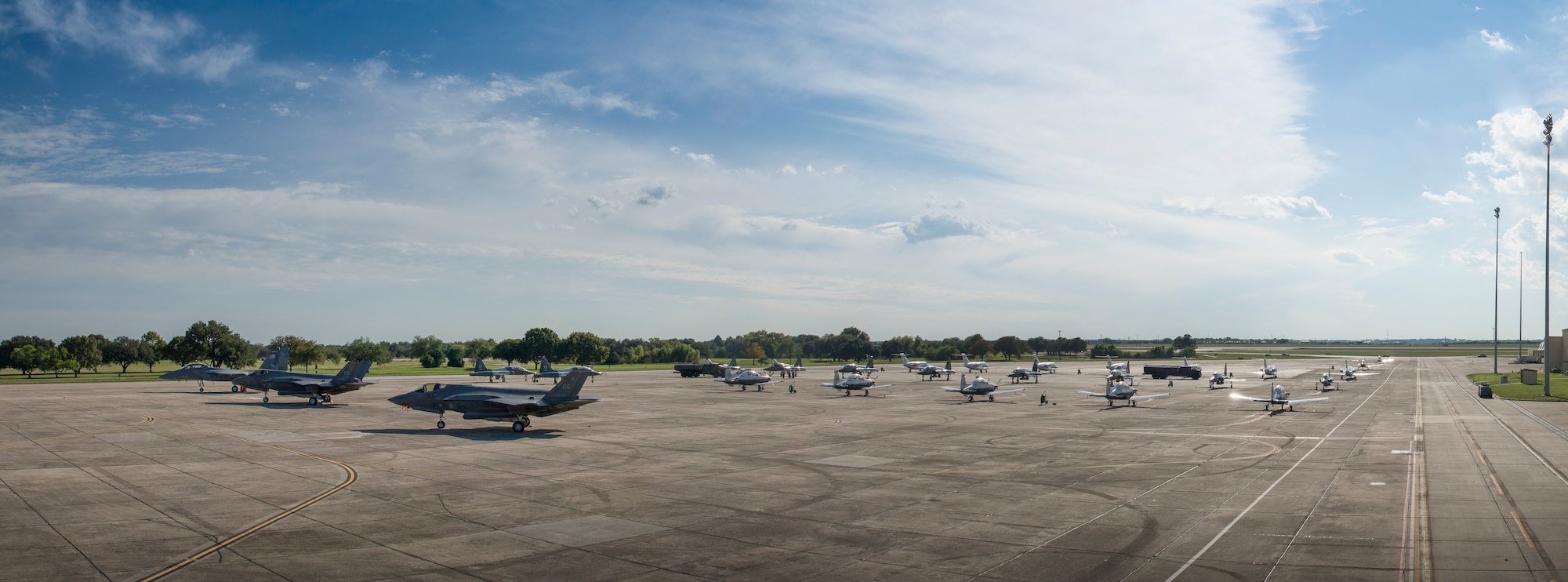 Air Education and Training Command aircraft are displayed on the flight line for the 2018 Flying Training Awards ceremony at Joint Base San Antonio-Randolph, Texas, Oct. 26, 2018. The second annual event, hosted by the 19th Air Force, recognized the dedicated efforts of the exceptional individuals and teams across AETC who continue to produce highly qualified aircrew for the Air Force over the last fiscal year. (U.S. Air Force photo by Senior Airman Stormy Archer)