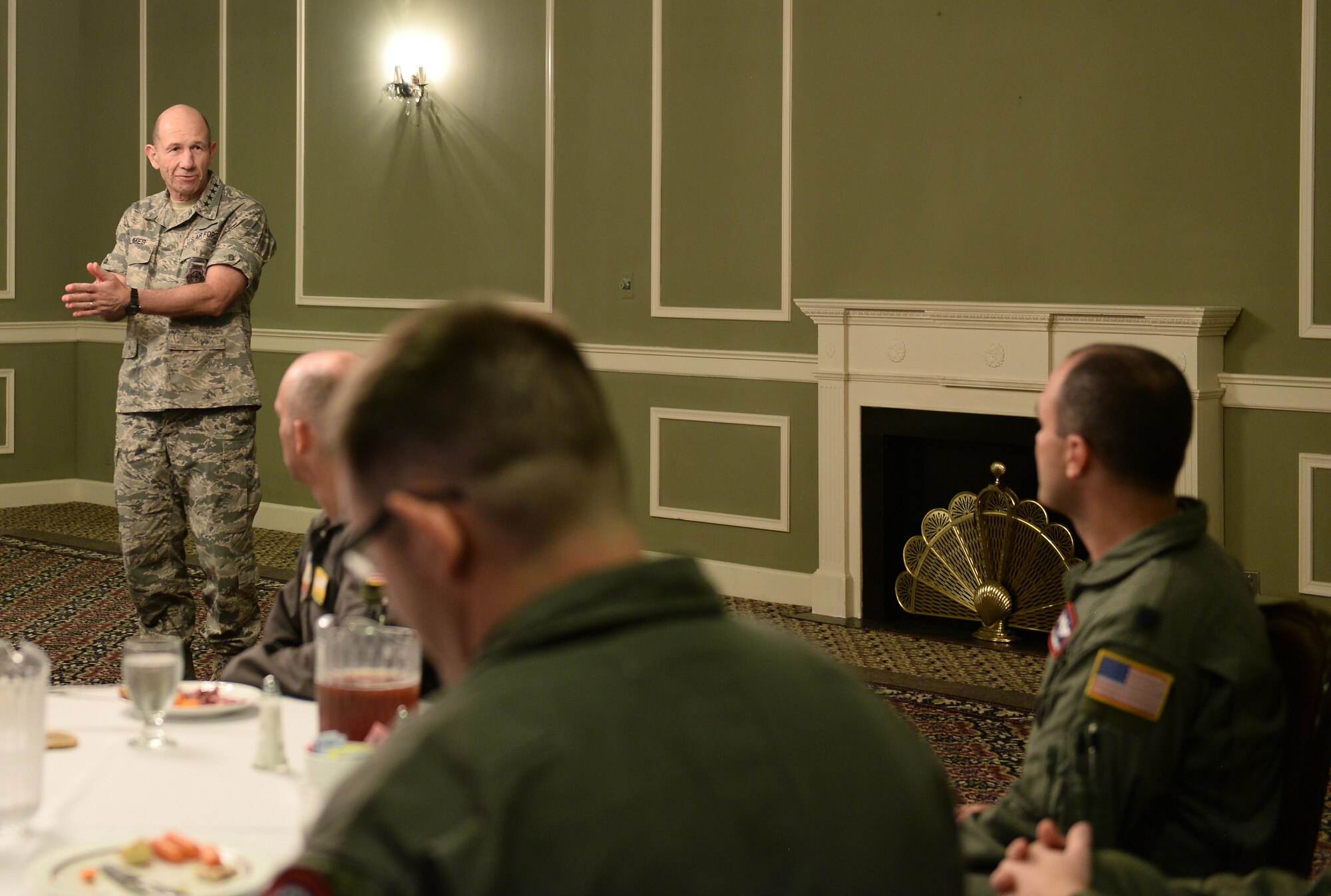 U.S. Air Force Gen. Mike Holmes, the commander of Air Combat Command, speaks to a crowd of Team Offutt members Oct. 30, 2018, inside the Patriot Club at Offutt Air Force Base, Nebraska.