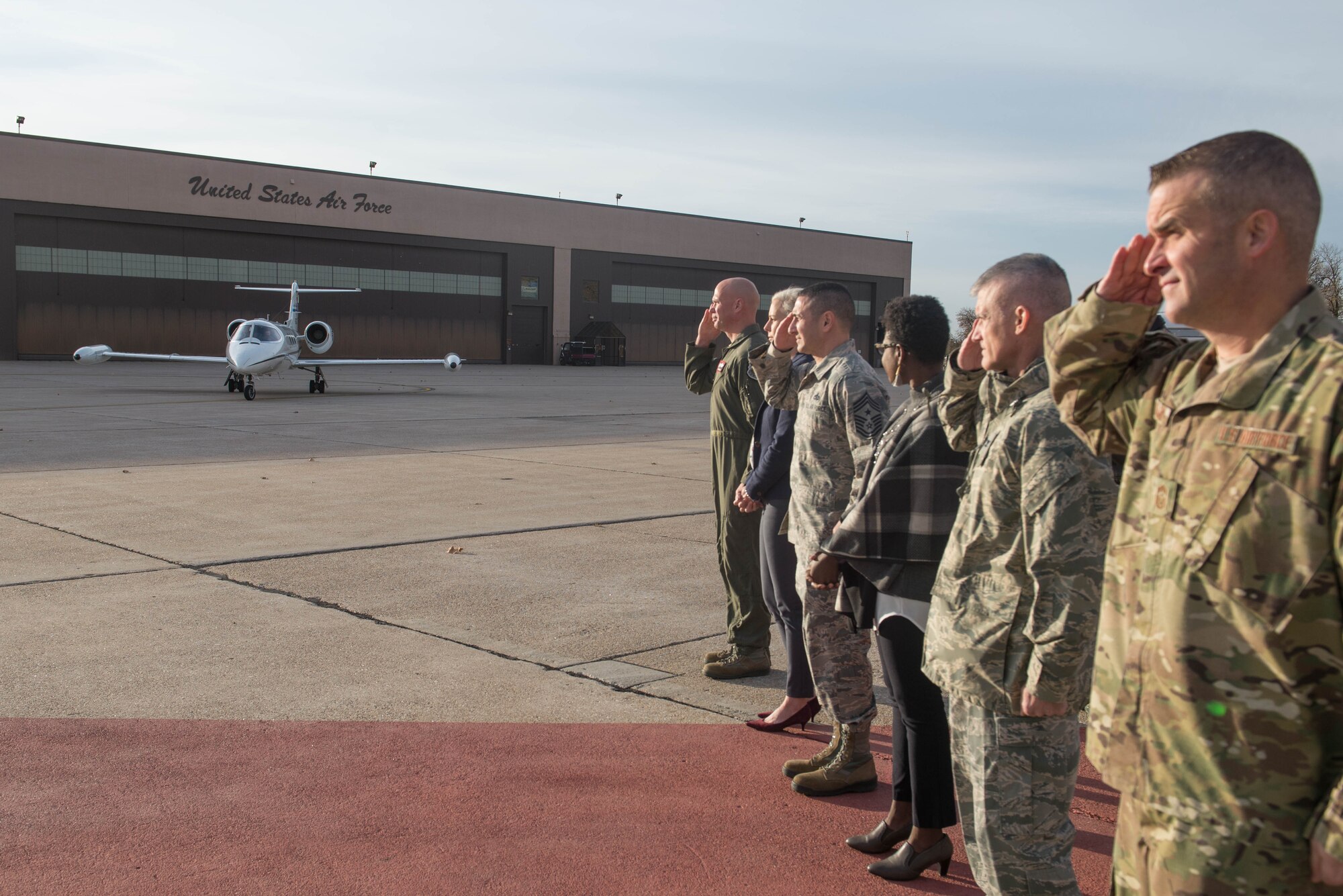 Offutt leaders welcome the arrival of U.S. Air Force Gen. Mike Holmes, the commander of Air Combat Command, Oct. 30, 2018, at Offutt Air Force Base, Nebraska.