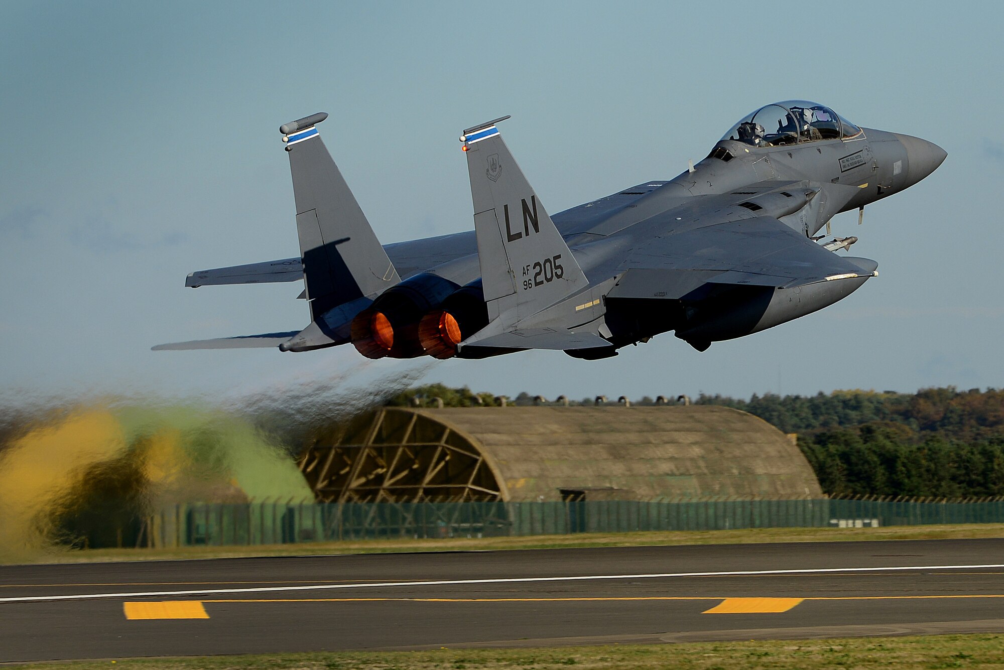 An F-15E Strike Eagle assigned to the 492nd Fighter Squadron launches for a sortie at Royal Air Force Lakenheath, England, Oct. 11, 2018. The U.S. and Estonia have an incredibly strong bilateral relationship. Continual exercises and interactions between the U.S. and Estonia allows us to work together as a team to address security threats and enable all participants to contribute to international coalitions. (U.S. Air Force photo/ Tech. Sgt. Matthew Plew)