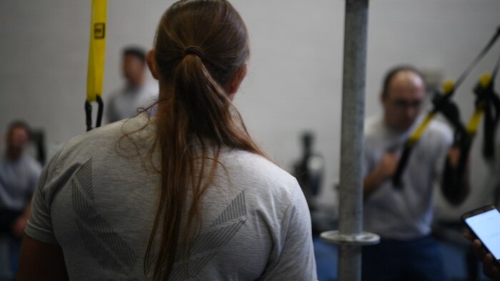Tech. Sgt. Leanne Hardin, 628th Logistics Readiness Squadron supply supervisor, runs a physical-training session at the 628th Force Support Squadron Fitness Center Oct. 25, 2018 at Joint Base Charleston, S.C. The PT session was part of the Centralized Fitness Improvement Program, which unifies service members with the common goal of improving their fitness. The program emphasizes the importance of exercise and nutrition and how the two complement each other to create a healthy lifestyle. Although the program is focused on the readiness of Airmen, at this time, anyone within the JB Charleston community can elect to participate in the 12-week class.