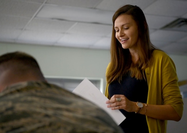 Alaine Mills, 628th Medical Group nutrition program manager, educates Airmen on the importance of nutrition Oct. 25, 2018, at Joint Base Charleston, S.C. The nutrition class is part of the Centralized Fitness Improvement Program, which unifies service members with the common goal of improving their fitness. The program emphasizes the importance of exercise and nutrition and how the two complement each other to create a healthy lifestyle.
