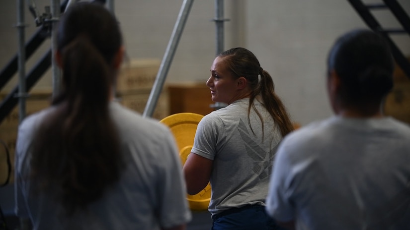 Tech. Sgt. Leanne Hardin, 628th Logistics Readiness Squadron supply supervisor, runs a physical-training session at the 628th Force Support Squadron Fitness Center Oct. 25, 2018, at Joint Base Charleston, S.C. The PT session was part of the Centralized Fitness Improvement Program, which unifies service members with the common goal of improving their fitness. The program emphasizes the importance of exercise and nutrition and how the two complement each other to create a healthy lifestyle.