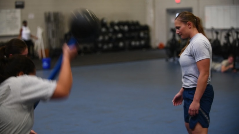 Tech. Sgt. Leanne Hardin, 628th Logistics Readiness Squadron supply supervisor, runs a physical training session at the 628th Force Support Squadron Fitness Center Oct. 25, 2018, at Joint Base Charleston, S.C. The PT session was part of the Centralized Fitness Improvement Program, which unifies service members with the common goal of improving their fitness. The program emphasizes the importance of exercise and nutrition and how the two complement each other to create a healthy lifestyle.