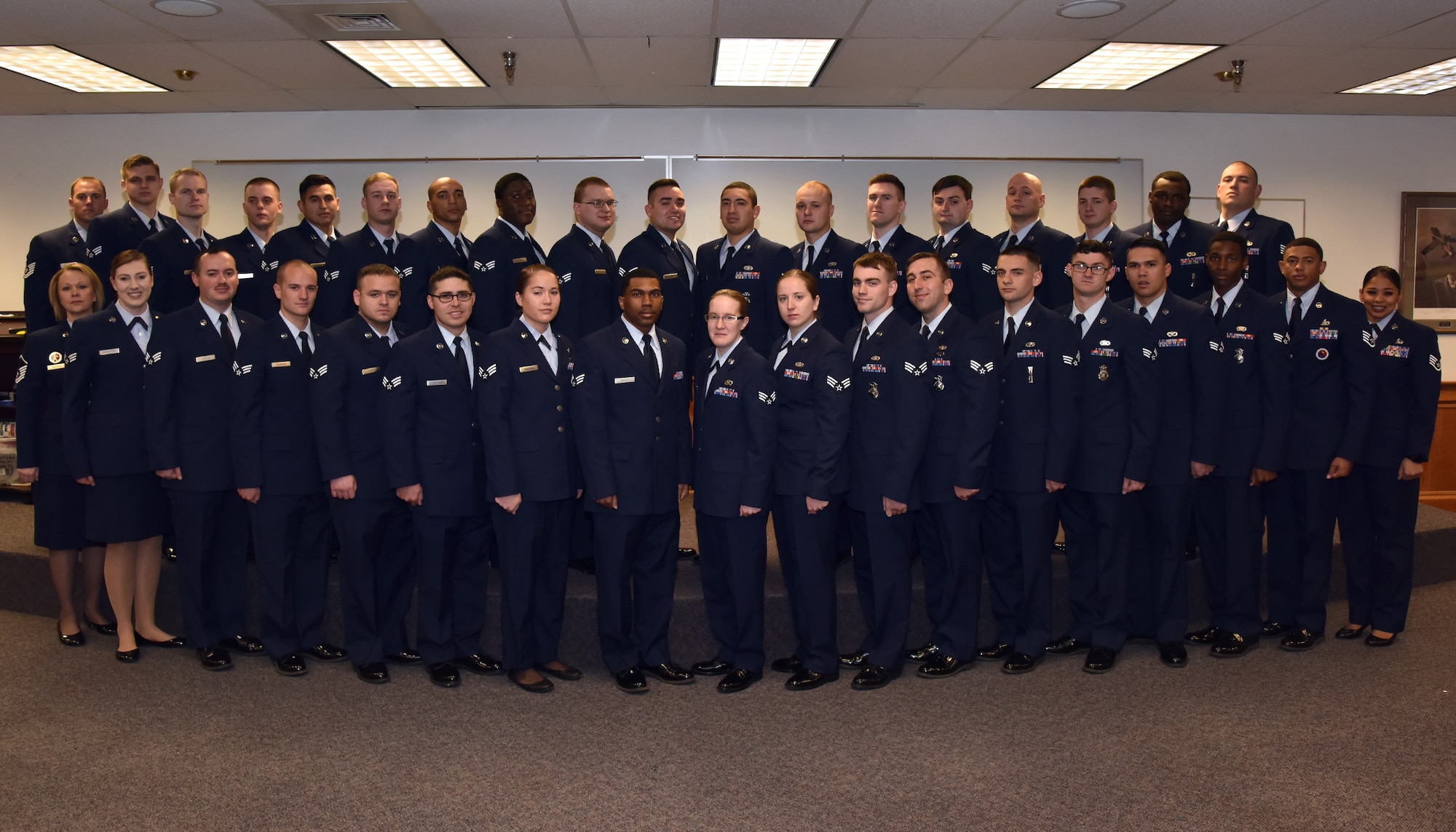 Students and instructors of Airman Leadership School Class 19-A stand for a group photo Oct. 17, 2018 at Malmstrom Air Force Base, Mont. (U.S. Air Force photo by Airman 1st Class Jacob M. Thompson)