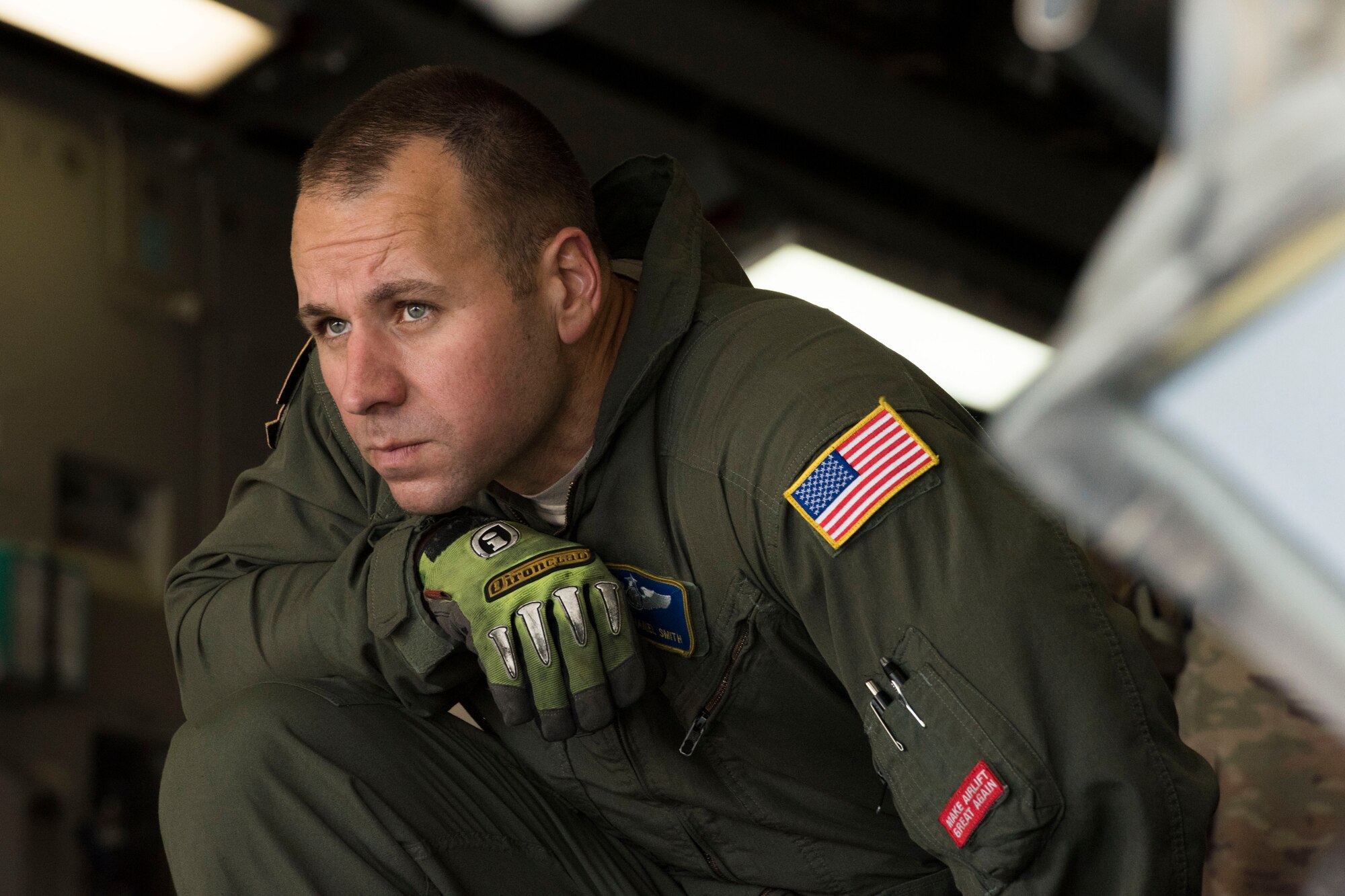 Master Sgt. Nathan Smith, a loadmaster for the 167th Airlift Wing, oversees the loading of a C-17 Globemaster III.  Six generators and a Large Area Maintenance Shelter (LAMS) from the 635th Materiel Maintenance Squadron based at Holloman Air Force Base N.M. were loaded onto the C-17, Oct. 17, 2018. The C-17 deliever the equipment to Tyndall AFB the following day with the assistance of a contingency response team from the 821st Contingency Response Group, Travis AFB, Calif. Tyndall AFB took a direct hit from Hurricane Michael, which made landfall as a category 4 storm on Oct. 10. The 635th Materiel Maintenance Group is the Air Force’s only organic Basic Expeditionary Airfield Resources (BEAR) unit. The Group is responsible for the storage, inspection, repair, deployment, and accountability of BEAR assets belonging to Air Force Materiel Command and Air Combat Command. (U.S. Air National Guard photo by Senior Master Sgt. Emily Beightol-Deyerle)