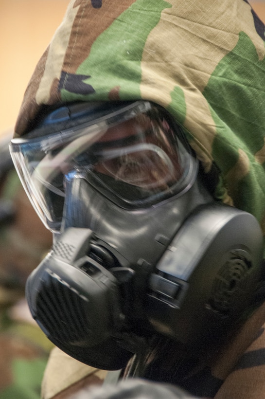 Members of the 104th Fighter Wing participated in a Phase II exercise November 3, 2018, at Barnes Air National Guard base, Westfield, Massachusetts. Colonel Pete Green, commander of the 104th FW, convened a Crisis Action Team consisting of group-level commanders and other pertinent subject-matter experts. During Alarm Black, Mission Oriented Protective Posture four, members of the CAT team worked together to get their gear on safe and securely in under two minutes.  (U.S. Air National Guard photo/ 2Lt. Amelia Leonard. Cleared for public release)