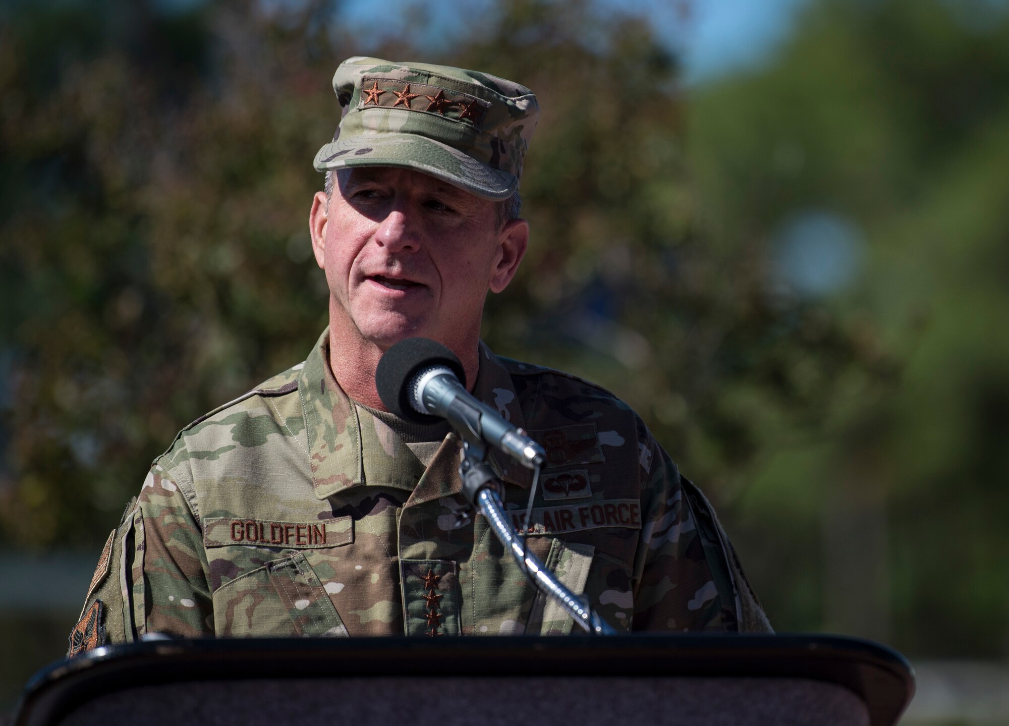 The Chief of Staff of the Air Force, Gen. David Goldfein speaks during the U.S. Air Force Master Sgt. John A. Chapman Medal of Honor memorial unveiling on Oct. 27, 2018, at Hurlburt Field, Florida.