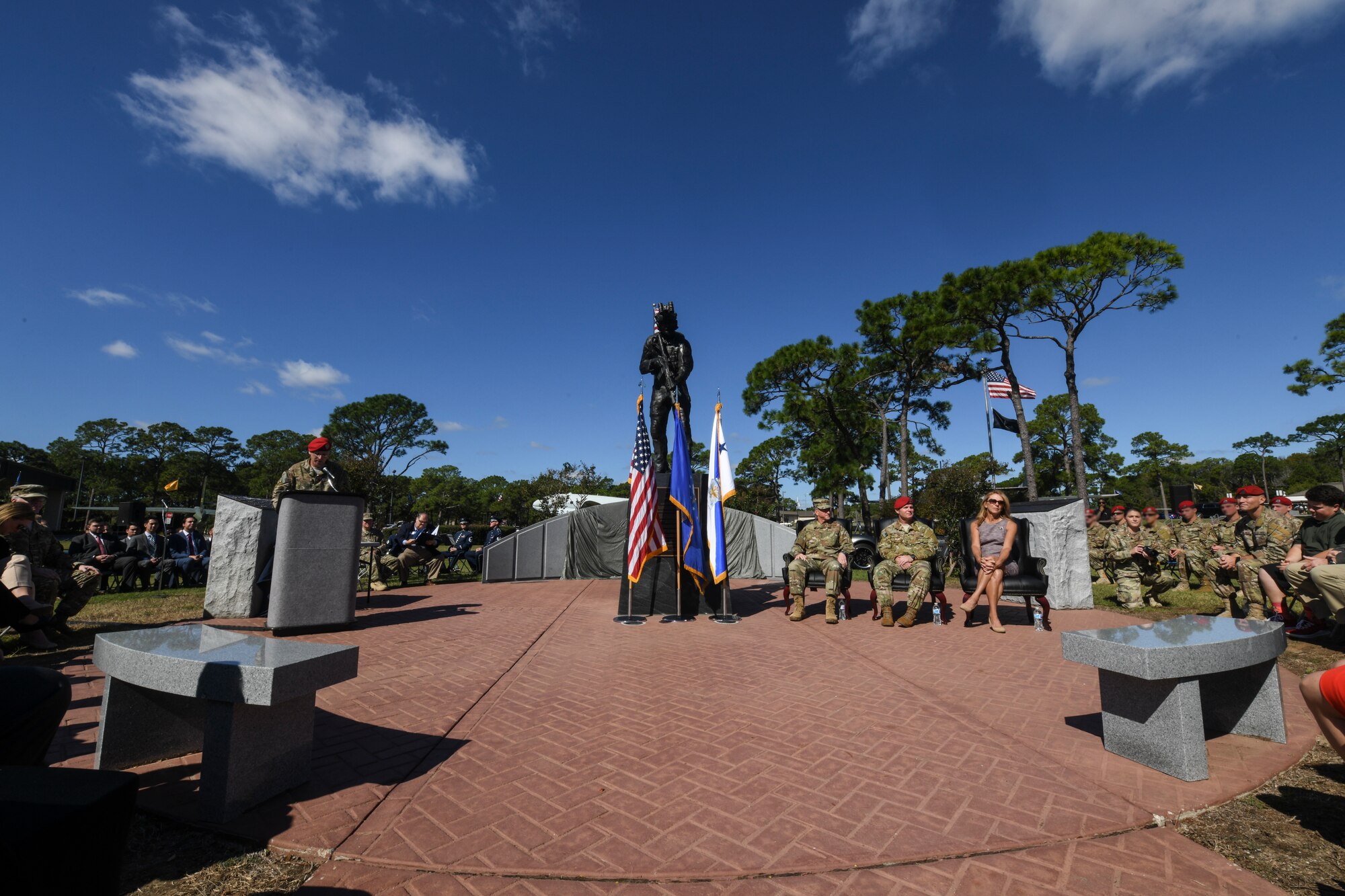 U.S. Air Force Col. Spence Cocanour, vice commander of the 24th Special Operations Wing, speaks during the U.S. Air Force Master Sgt. John A. Chapman Medal of Honor memorial unveiling ceremony on Oct. 27, 2018, at Hurlburt Field, Florida.