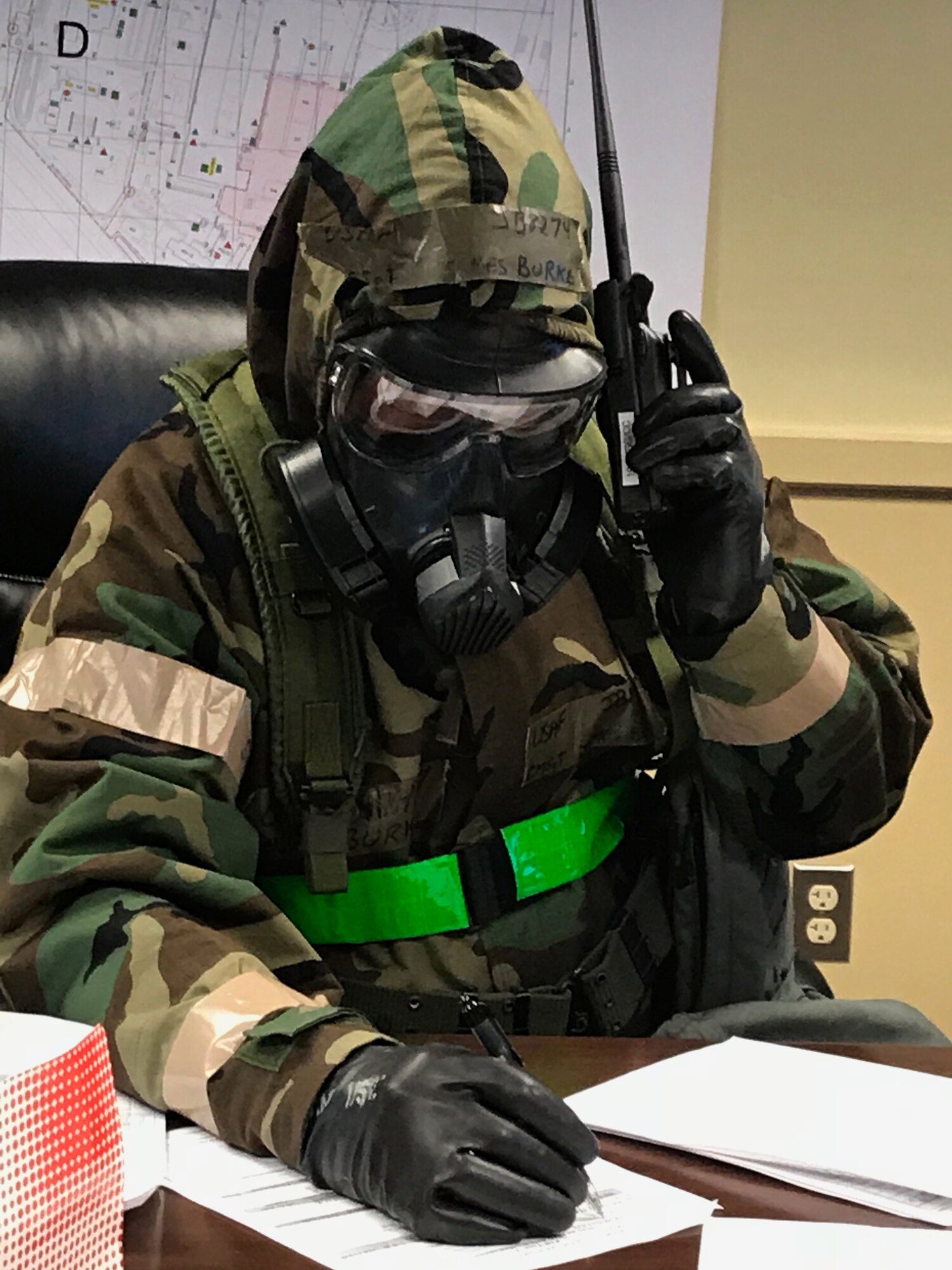 Airmen from the 104th Fighter Wing work in Mission Oriented Protective Posture level four Nov. 4, 2018, at Barnes Air National Guard Base, Massachusetts. The airmen kept morale high while working to enhance mission readiness.  (U.S. National Guard photo by Airman Basic Sara Kolinski)