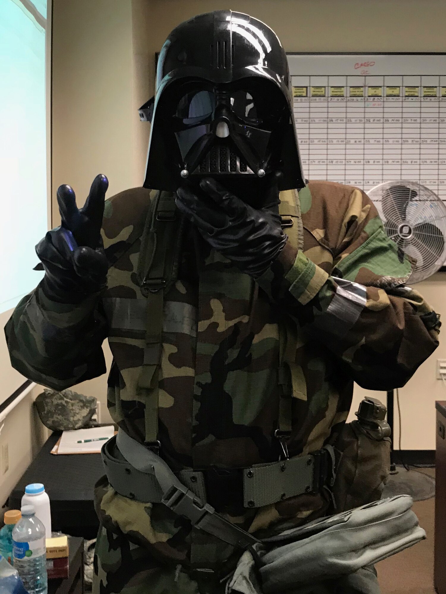 Airmen from the 104th Fighter Wing work in Mission Oriented Protective Posture level four Nov. 4, 2018, at Barnes Air National Guard Base, Massachusetts. The airmen kept morale high while working to enhance mission readiness.  (U.S. National Guard photo by Airman Basic Sara Kolinski. Cleared for public release)