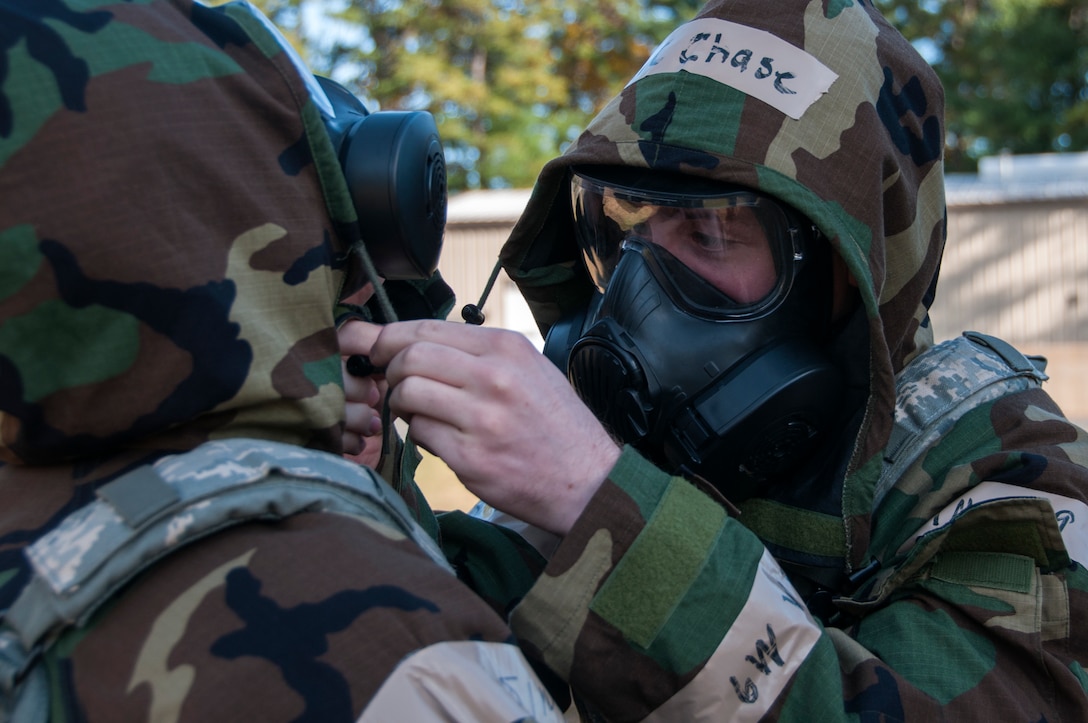 Members of the 104th Fighter Wing participated in a Phase II exercise Nov. 4, 2018, at Barnes Air National Guard Base, Westfield, Massachusetts. The exercise allows Airmen to demonstrate the use of life-saving skills during realistic scenarios that enhance combat readiness.