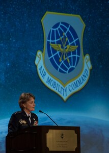 Gen. Maryanne Miller, Air Mobility Command commander, speaks during the Airlift/Tanker Association Symposium in Grapevine, Texas, Oct. 27, 2018. "As Airmen, we succeed," said Miller. "As Airmen, we invest in serving this great nation and each other. As Airmen, we lead from the
front, kneel by those in need, share in the work of our teammates, respect their lives and honor their contributions." A/TA, AMC's premier professional  development event, provides mobility Airmen an opportunity to learn about and discuss mobility priorities, issues, challenges, and successes. The venue creates dialogue between industry experts and Air Force and Department of Defense about ways to innovate, enhance mission effects and advance readiness headed into the future.  (U.S. Air Force photo by Tech. Sgt. Jodi Martinez)