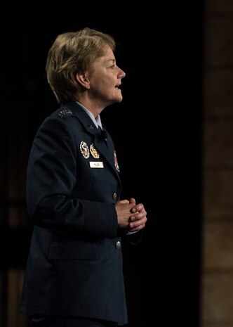 Gen. Maryanne Miller, Air Mobility Command commander, speaks during the Airlift/Tanker Association Symposium in Grapevine, Texas, Oct. 27, 2018. "As Airmen, we succeed," said Miller. "As Airmen, we invest in serving this great nation and each other. As Airmen, we lead from the
front, kneel by those in need, share in the work of our teammates, respect their lives and honor their contributions." A/TA, AMC's premier professional  development event, provides mobility Airmen an opportunity to learn about and discuss mobility priorities, issues, challenges, and successes. The venue creates dialogue between industry experts and Air Force and Department of Defense about ways to innovate, enhance mission effects and advance readiness headed into the future.  (U.S. Air Force photo by Tech. Sgt. Jodi Martinez)