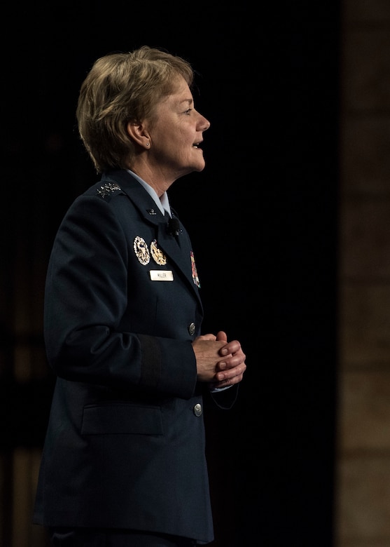 Gen. Maryanne Miller, Air Mobility Command commander, speaks during the Airlift/Tanker Association Symposium in Grapevine, Texas, Oct. 27, 2018. "As Airmen, we succeed," said Miller. "As Airmen, we invest in serving this great nation and each other. As Airmen, we lead from the
front, kneel by those in need, share in the work of our teammates, respect their lives and honor their contributions." A/TA, AMC's premier professional  development event, provides mobility Airmen an opportunity to learn about and discuss mobility priorities, issues, challenges, and successes. The venue creates dialogue between industry experts and Air Force and Department of Defense about ways to innovate, enhance mission effects and advance readiness headed into the future.  (U.S. Air Force photo by Tech. Sgt. Jodi Martinez)