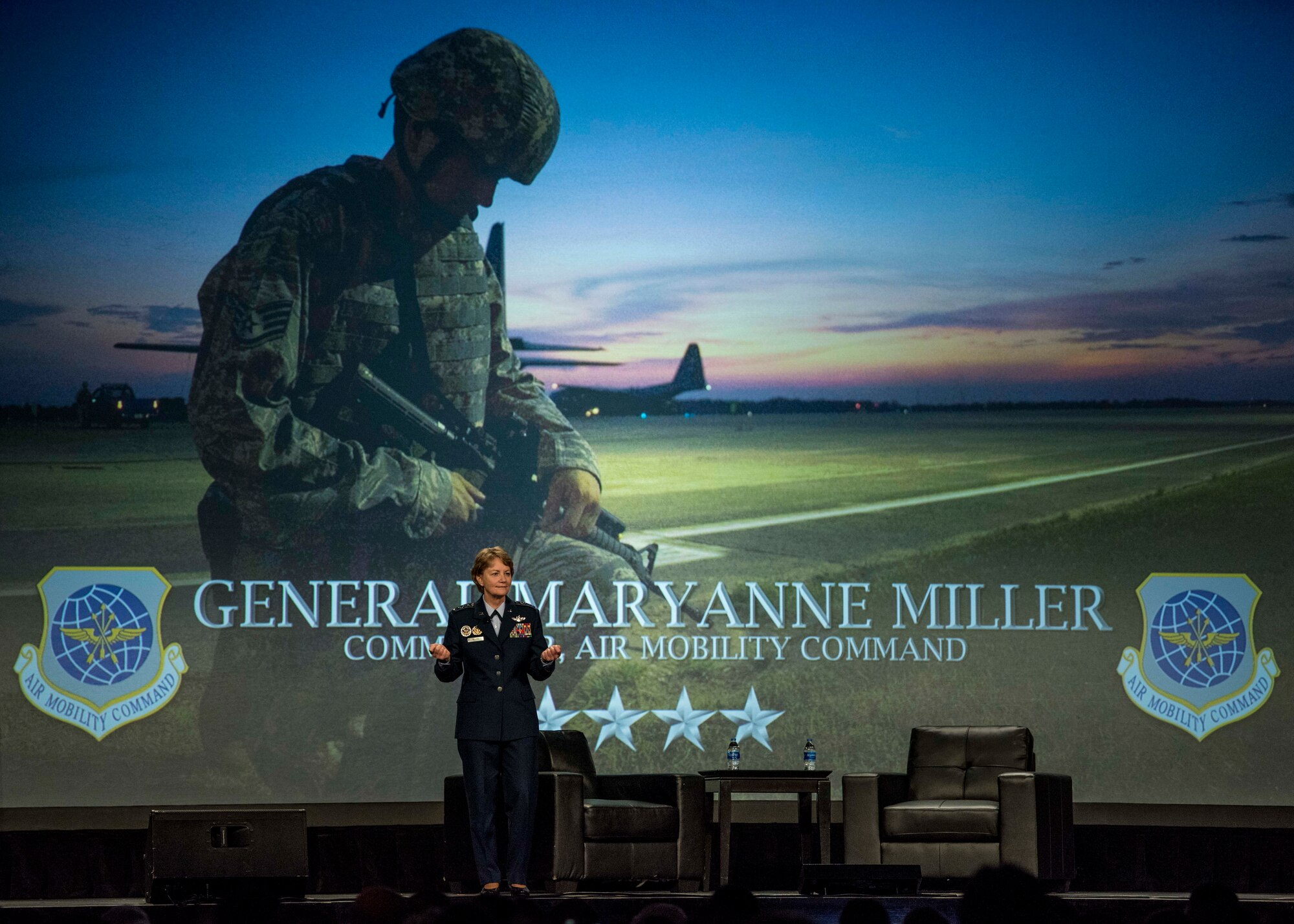 Gen. Maryanne Miller, Air Mobility Command commander, speaks during the Airlift/Tanker Association Symposium in Grapevine, Texas, Oct. 27, 2018. "As Airmen, we succeed," said Miller. "As Airmen, we invest in serving this great nation and each other. As Airmen, we lead from the
front, kneel by those in need, share in the work of our teammates, respect their lives and honor their contributions." A/TA, AMC's premier professional  development event, provides mobility Airmen an opportunity to learn about and discuss mobility priorities, issues, challenges, and successes. The venue creates dialogue between industry experts and Air Force and Department of Defense about ways to innovate, enhance mission effects and advance readiness headed into the future.  (U.S. Air Force photo by Tech. Sgt. Jodi Martinez)