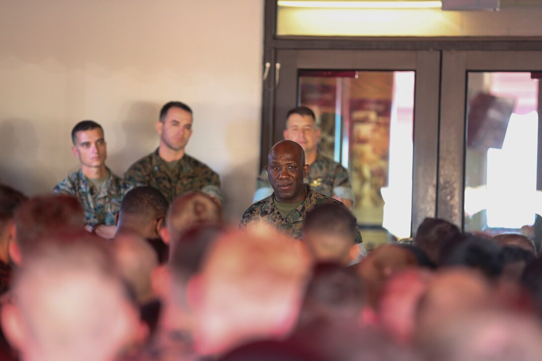 U.S. Marine Sgt. Maj. Ronald Green, Sergeant Major of the Marine Corps, addresses the Marines of Headquarters and Headquarters Squadron at Marine Corps Air Station Miramar, Calif., Nov. 2. Sgt. Maj. Green spoke about leadership, resiliency, and the future of the Marine Corps and emphasized the importance of camaraderie between the Marines saying, "Every formation is a family reunion." (U.S. Marine Corps photo by Sgt. Daniel Auvert.)