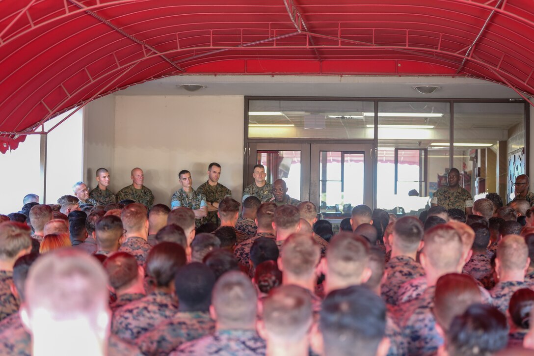 U.S. Marine Sgt. Maj. Ronald Green, Sgt. Maj. of the Marine Corps, addresses the Marines of Headquarters and Headquarters Squadron at Marine Corps Air Station Miramar, Calif., Nov. 2. Sgt. Maj. Green spoke about leadership, resiliency, the future of the Marine Corps and emphasized the importance of camaraderie between the Marines saying, "Every formation is a family reunion." (U.S. Marine Corps photo by Sgt. Daniel Auvert.)