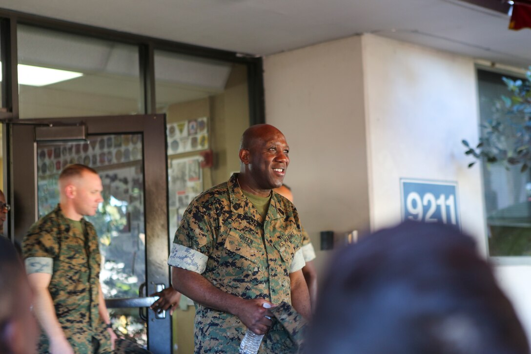 U.S. Marine Sgt. Maj. Ronald Green, Sgt. Maj. of the Marine Corps, addresses the Marines of Headquarters and Headquarters Squadron at Marine Corps Air Station Miramar, Calif., Nov. 2. Sgt. Maj. Green spoke about leadership, resiliency, the future of the Marine Corps, and emphasized the importance of camaraderie between the Marines saying, "Every formation is a family reunion." (U.S. Marine Corps photo by Sgt. Daniel Auvert.)