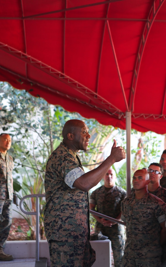 U.S. Marine Sgt. Maj. Ronald Green, Sergeant Major of the Marine Corps, addresses the Marines of Headquarters and Headquarters Squadron at Marine Corps Air Station Miramar, Calif., Nov. 2. Sgt. Maj. Green spoke about leadership, resiliency, and the future of the Marine Corps and emphasized the importance of camaraderie between the Marines saying, "Every formation is a family reunion." (U.S. Marine Corps photo by Sgt. Daniel Auvert.)