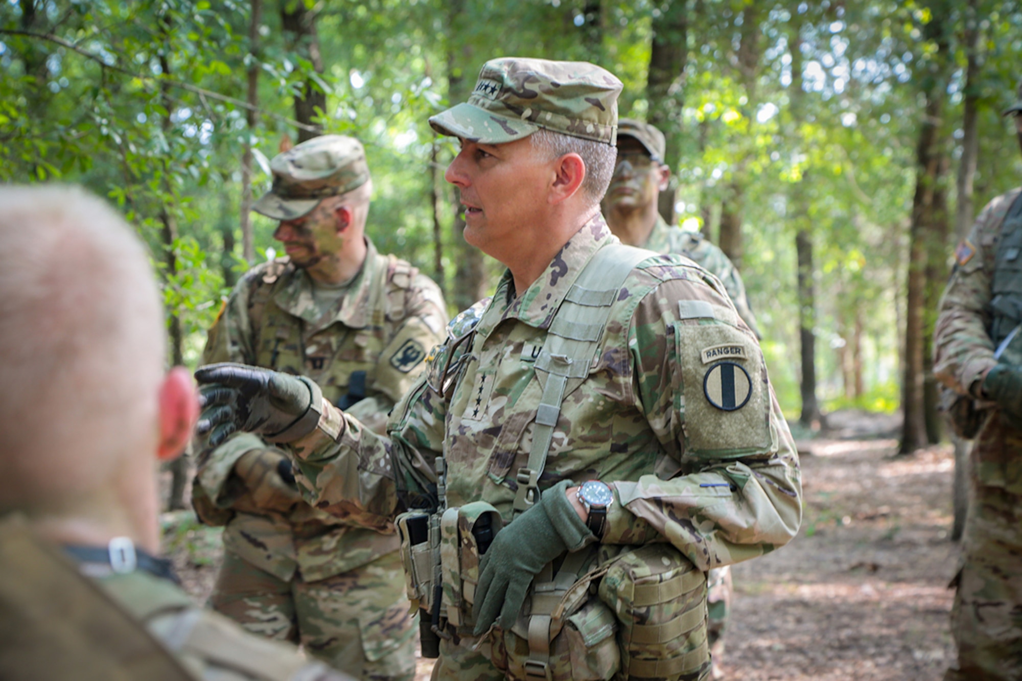 FORT BENNING, Ga. (Aug. 17, 2018) – Gen. Stephen J. Townsend, commanding general of U.S. Army Training and Doctrine Command, toured the Maneuver Center of Excellence and Fort Benning, Georgia, led by the MCoE and Fort Benning commanding general, Maj. Gen. Gary M. Brito, Aug. 15. The group observed squad situational training exercise lanes with E Company, 3rd Battalion (Officer Candidate School), 11th Infantry Regiment, and Townsend provided guidance to the cadets. (U.S. Army photo by Markeith Horace, Maneuver Center of Excellence, Fort Benning Public Affairs)