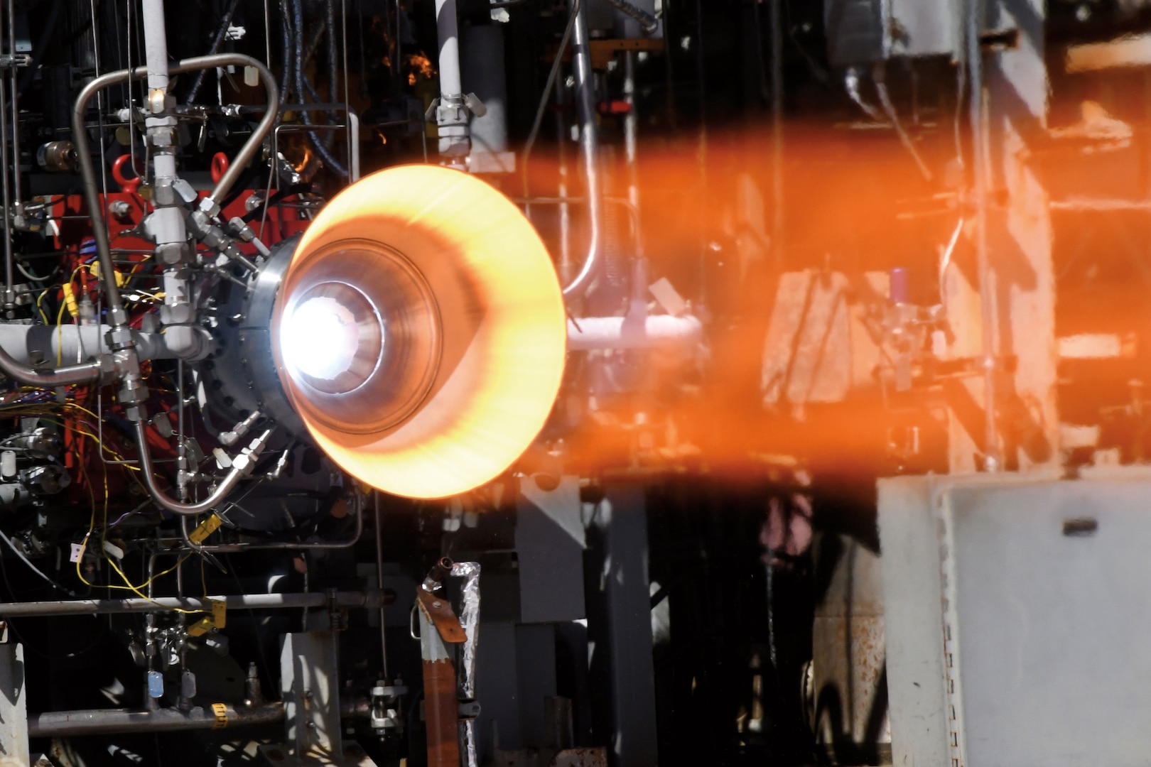 NASA successfully hot-fire tested 3D printed copper combustion chamber liner with E-Beam Free Form Fabrication manufactured nickel-alloy jacket, March 2, 2018 (NASA/Marshall Space Flight Center/David Olive)