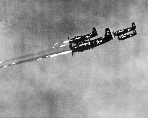 Navy Sky Raiders from USS Valley Forge fire 5-inch wing rockets at North Korean field positions, October 24, 1950 (U.S. Navy/Burke)