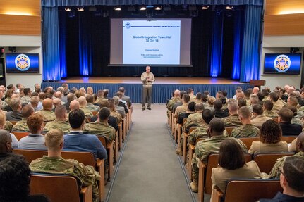 Chairman of the Joint Chiefs of Staff Gen. Joe Dunford hosts a town hall with members of the Joint Staff to discuss global integration and where they fit into this overarching concept in the Pentagon in Washington, D.C., Oct. 30, 2018.