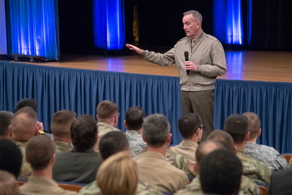 Chairman of the Joint Chiefs of Staff Gen. Joe Dunford hosts a town hall with members of the Joint Staff to discuss global integration and where they fit into this overarching concept in the Pentagon in Washington, D.C., Oct. 30, 2018.
